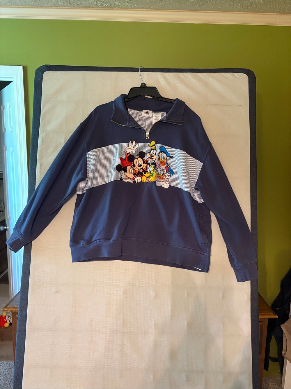 Disney Navy Quarter Zip-Up Sweater with Multicolor Mickey & Friends Embroidery.